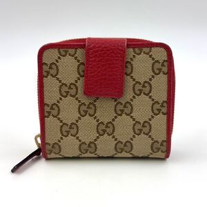 Gucci GG Pattern Compact Zip Bifold Leather X Canvas Beige X Red Wallet Gold